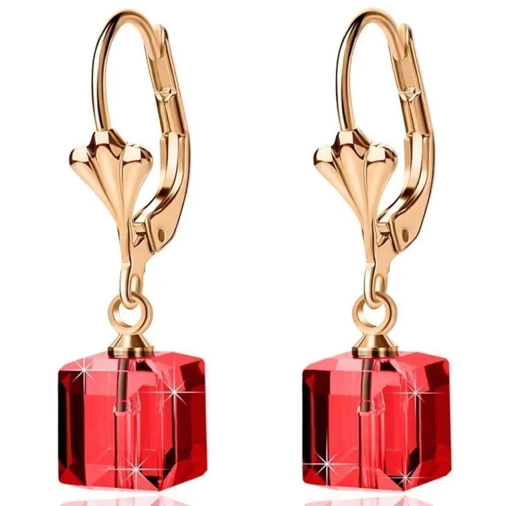 14K Yellow Gold with Ruby Red Austrian Crystal Cube Leverback Dangling Earrings